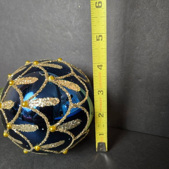 Frontgate Blue Gold Glass Ornament 4 Inch Elegant Beaded Glitter Christmas Decor - Picture 6 of 7